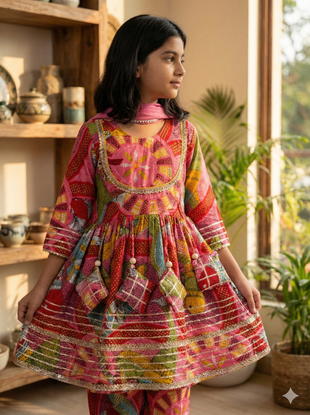 Girls Madhubani Art Kurti Afghani Set in Pink - Cotton Afghani Set for kids - front view