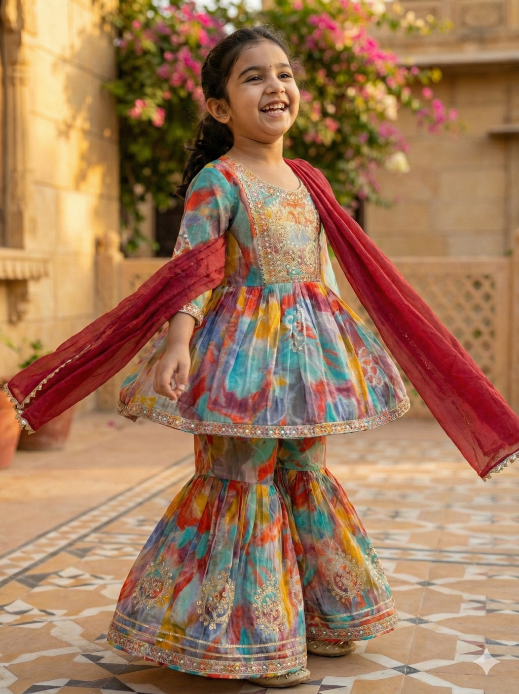 Girls Watercolor Embroidered Sharara Set in Multicolor - Cotton Blend Sharara Set for kids - front view