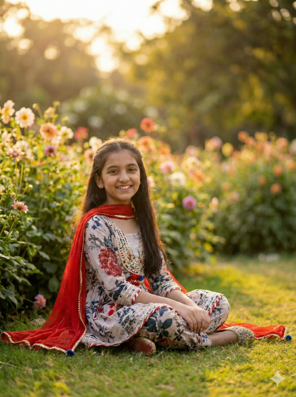 Girls Floral Tassel Kurti Afghani Set in Cream - Cotton Afghani Set - side view