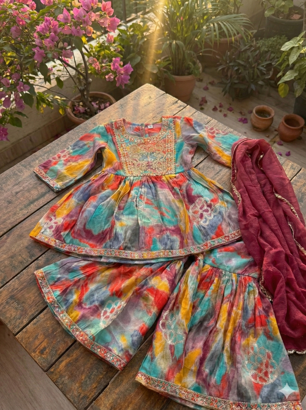 Girls Watercolor Embroidered Sharara Set in Multicolor - Cotton Blend Sharara Set - side view