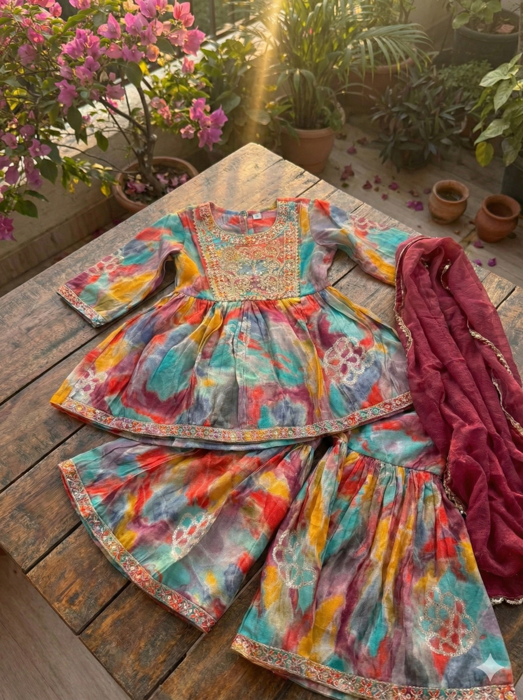 Girls Watercolor Embroidered Sharara Set in Multicolor - Cotton Blend Sharara Set - side view