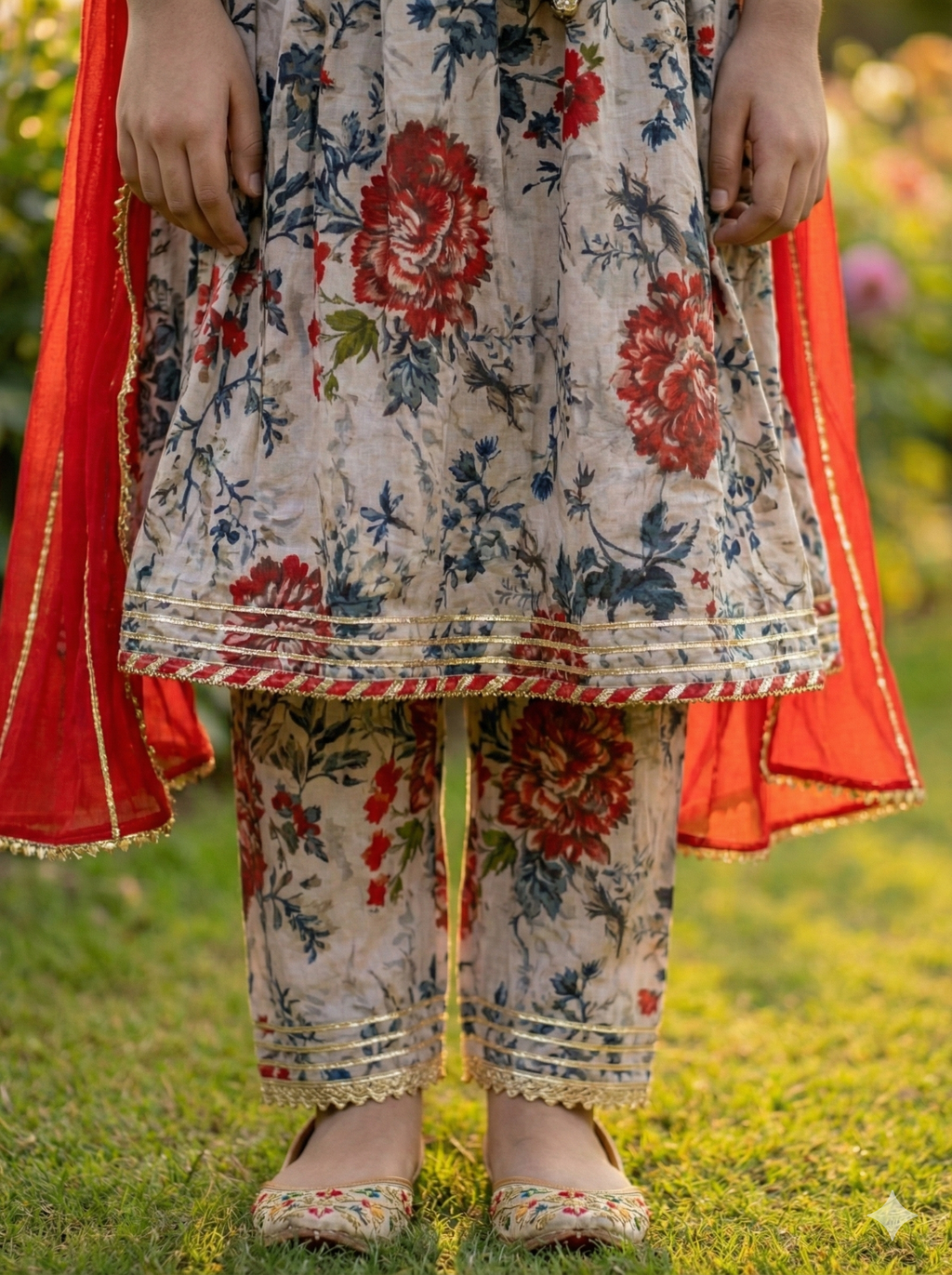 Girls Floral Tassel Kurti Afghani Set in Cream - Cotton Afghani Set - back view