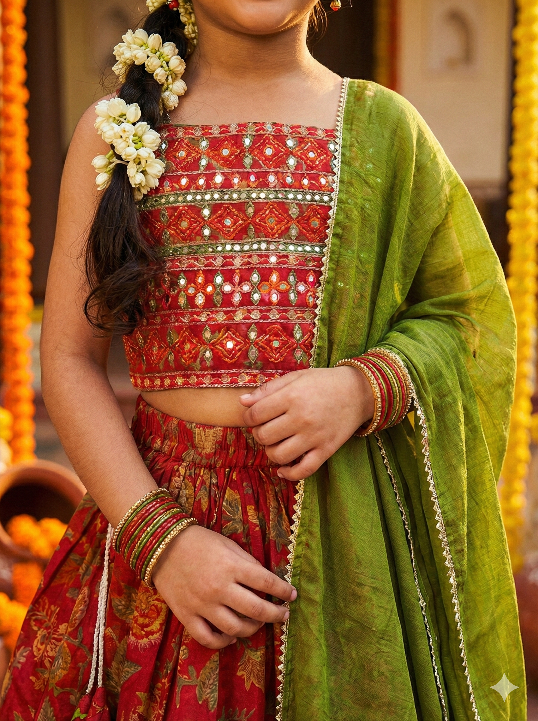 Girls Floral Mirror Work Lehenga Set in Red - Cotton Lehenga - side view