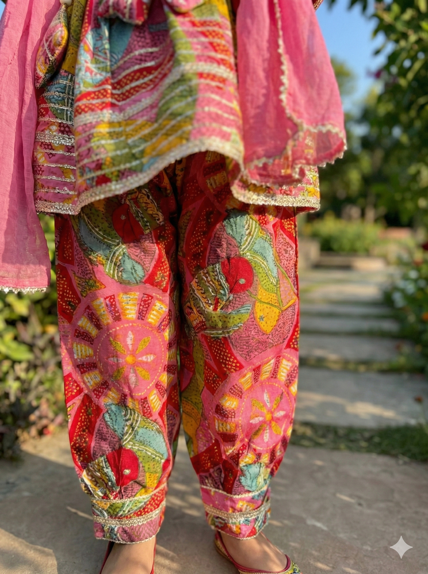 Girls Madhubani Art Kurti Afghani Set in Pink - Cotton Afghani Set - side view