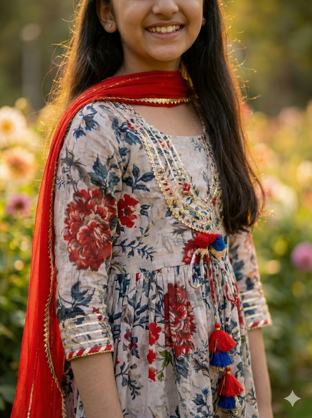 Girls Floral Tassel Kurti Afghani Set in Cream - close-up detail of tassel detailing