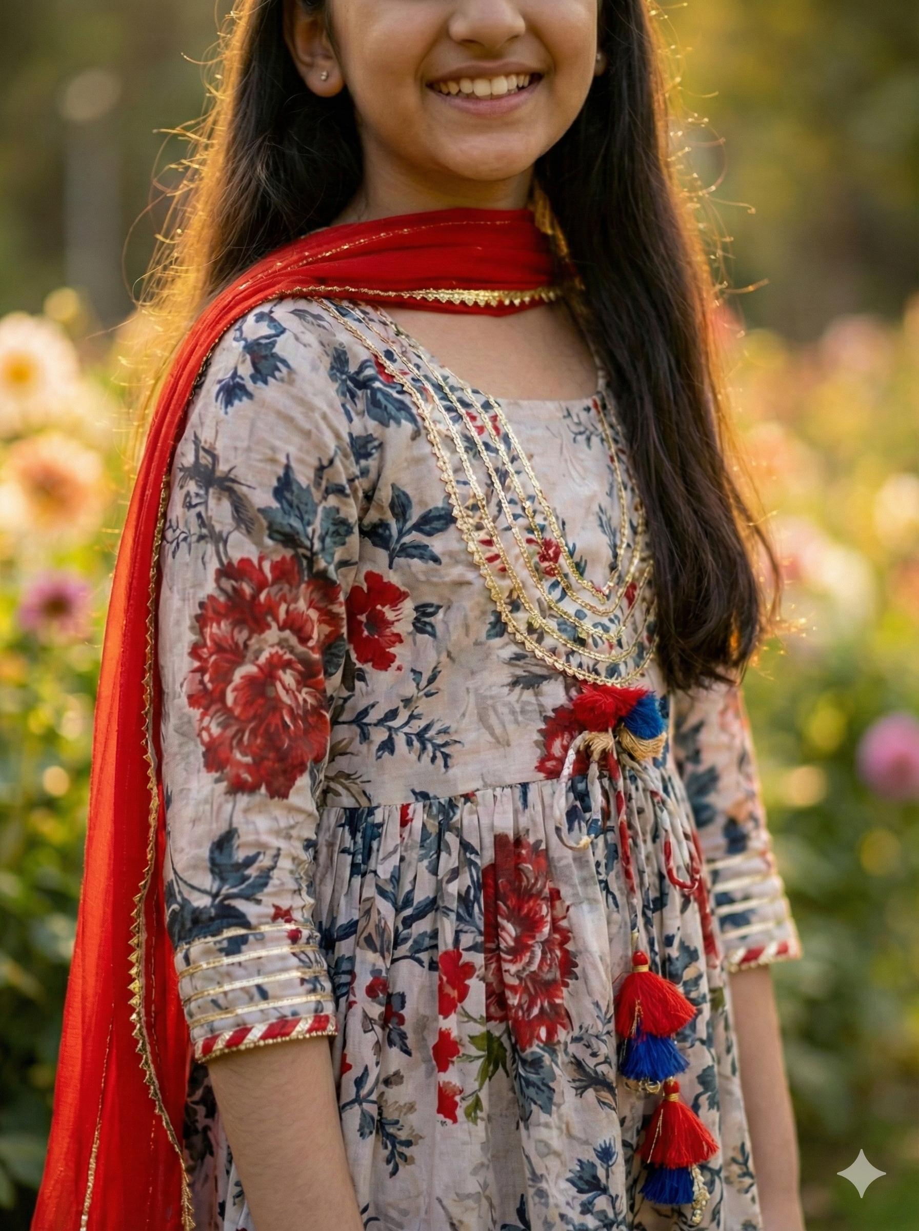 Girls Floral Tassel Kurti Afghani Set in Cream - close-up detail of tassel detailing