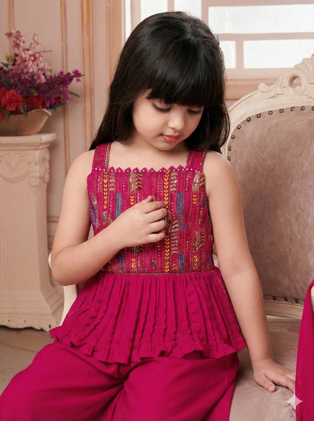 Girls Embroidered Peplum Palazzo Set in Magenta - close-up detail of embroidery work