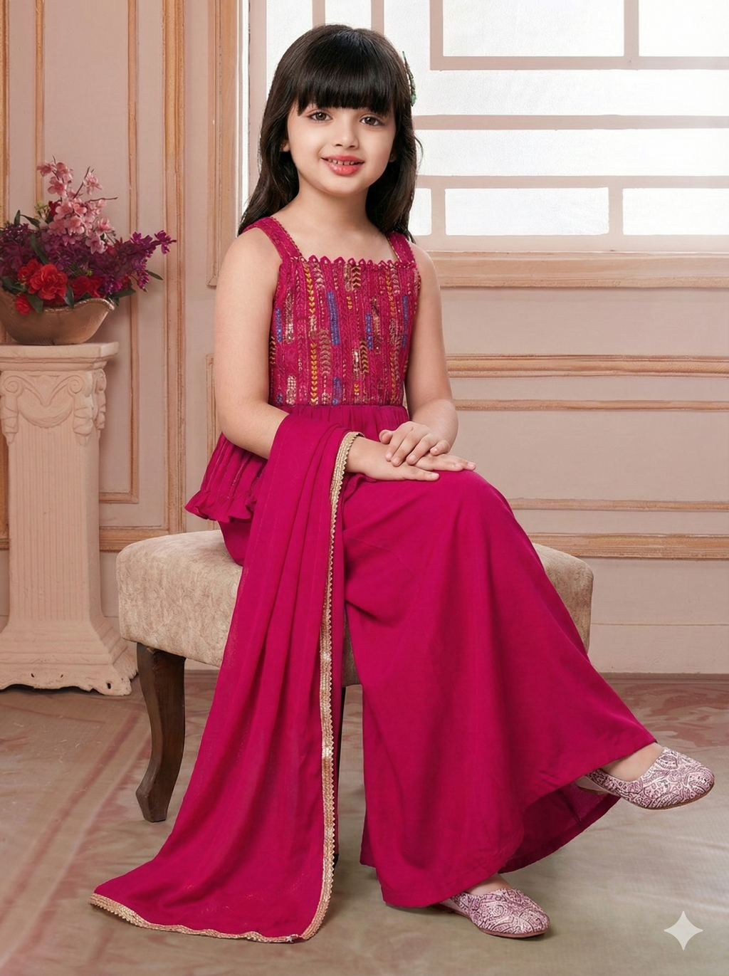 Girls Embroidered Peplum Palazzo Set in Magenta - Butter Crepe Peplum Palazzo for kids - front view