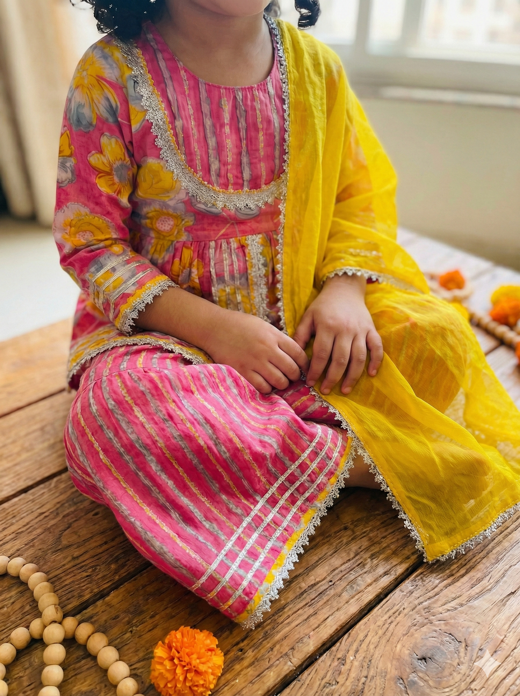 Girls Pink Floral Striped Kurti Sharara Set in Pink - Cotton Sharara Set - back view