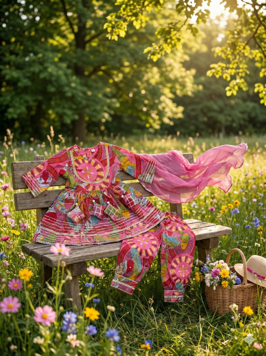Girls Madhubani Art Kurti Afghani Set in Pink - styled look