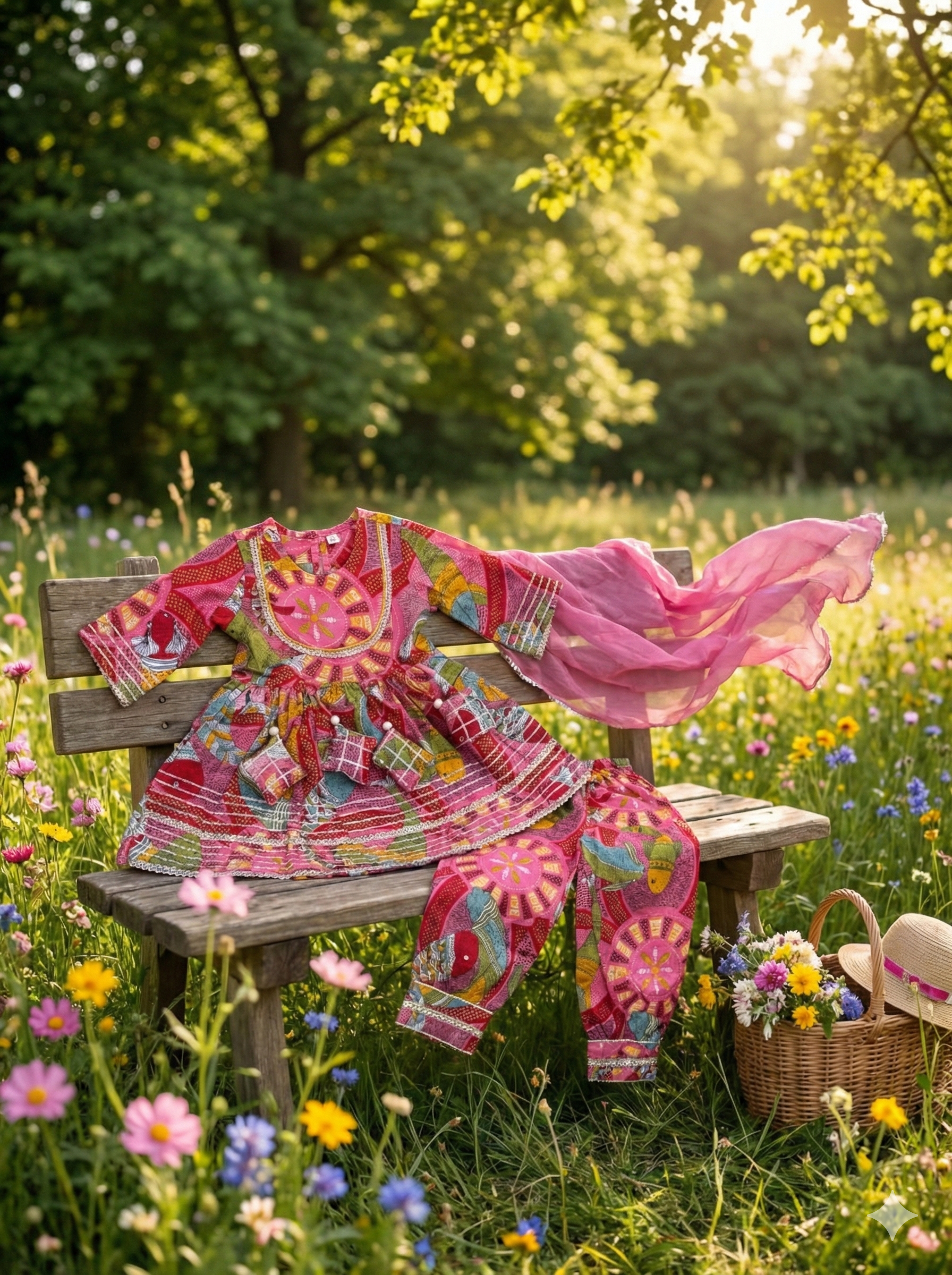 Girls Madhubani Art Kurti Afghani Set in Pink - styled look