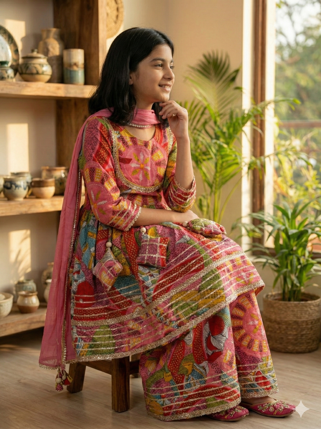 Girls Madhubani Art Kurti Afghani Set in Pink - close-up detail of Madhubani art print