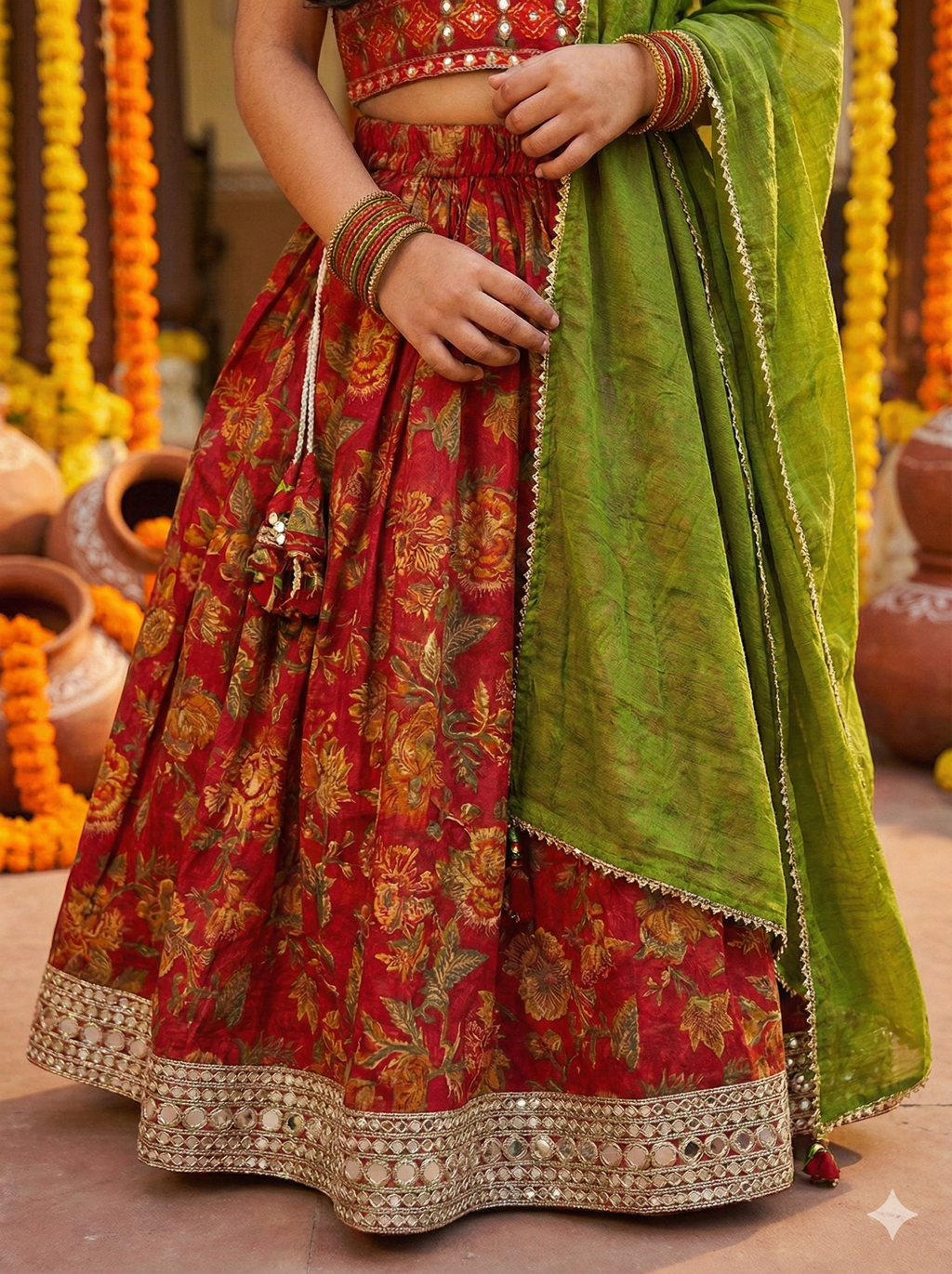 Girls Floral Mirror Work Lehenga Set in Red - Cotton Lehenga - back view