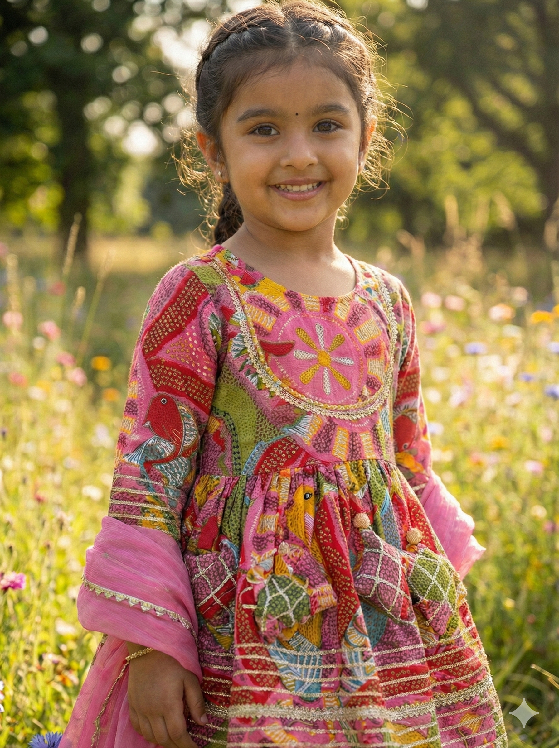 Girls Madhubani Art Kurti Afghani Set in Pink - additional view