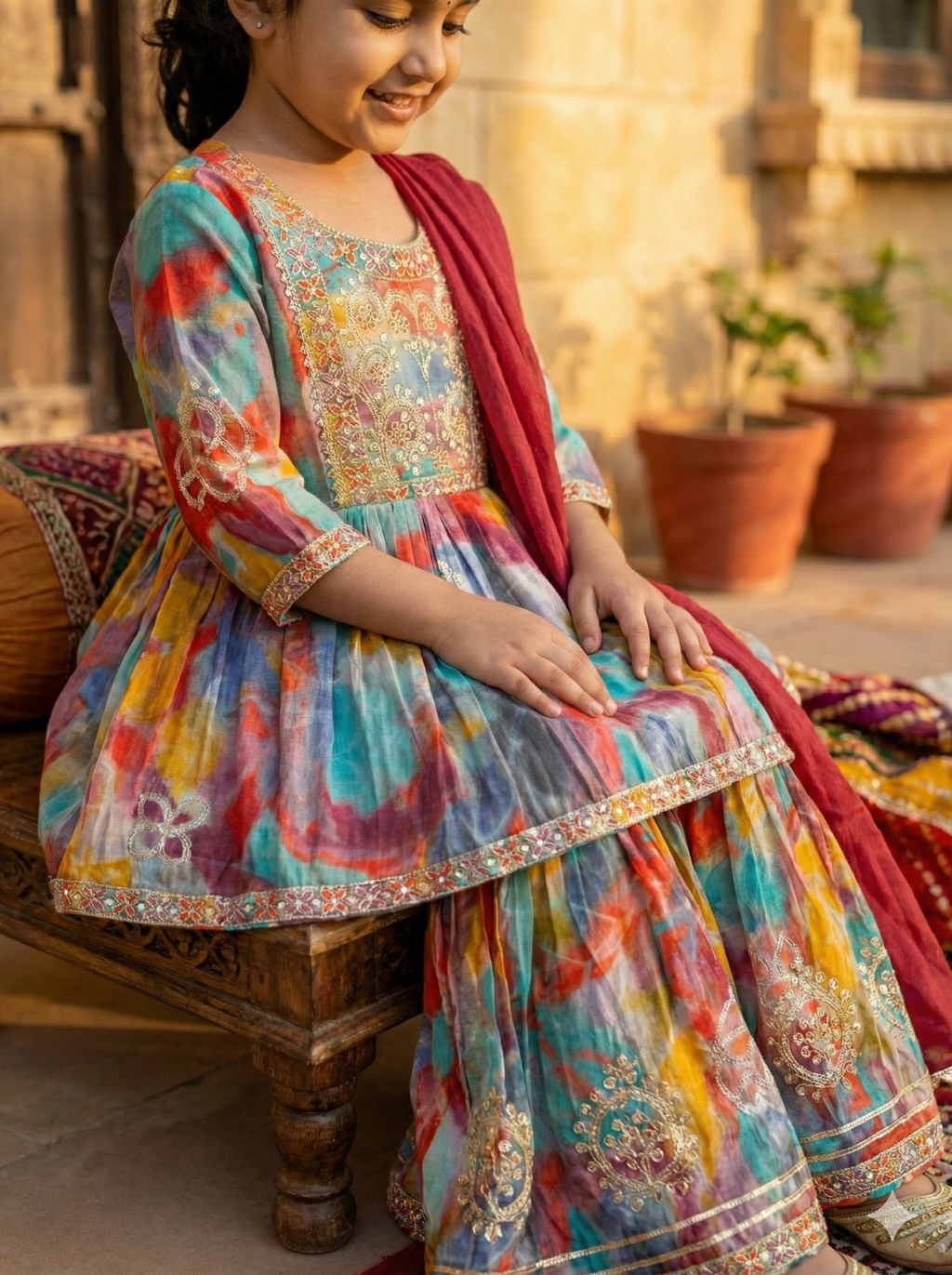 Girls Watercolor Embroidered Sharara Set in Multicolor - Cotton Blend Sharara Set - back view