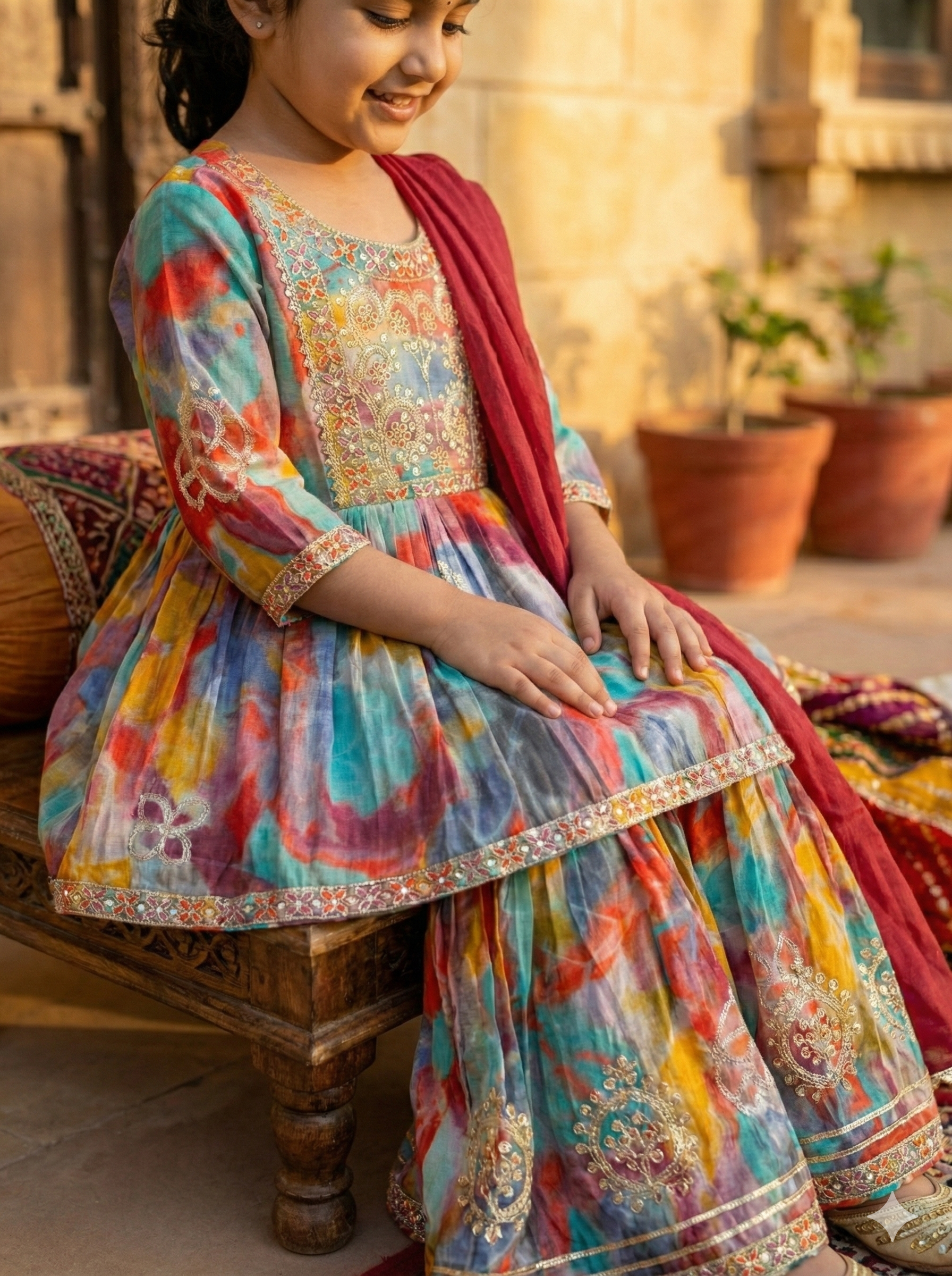 Girls Watercolor Embroidered Sharara Set in Multicolor - Cotton Blend Sharara Set - back view