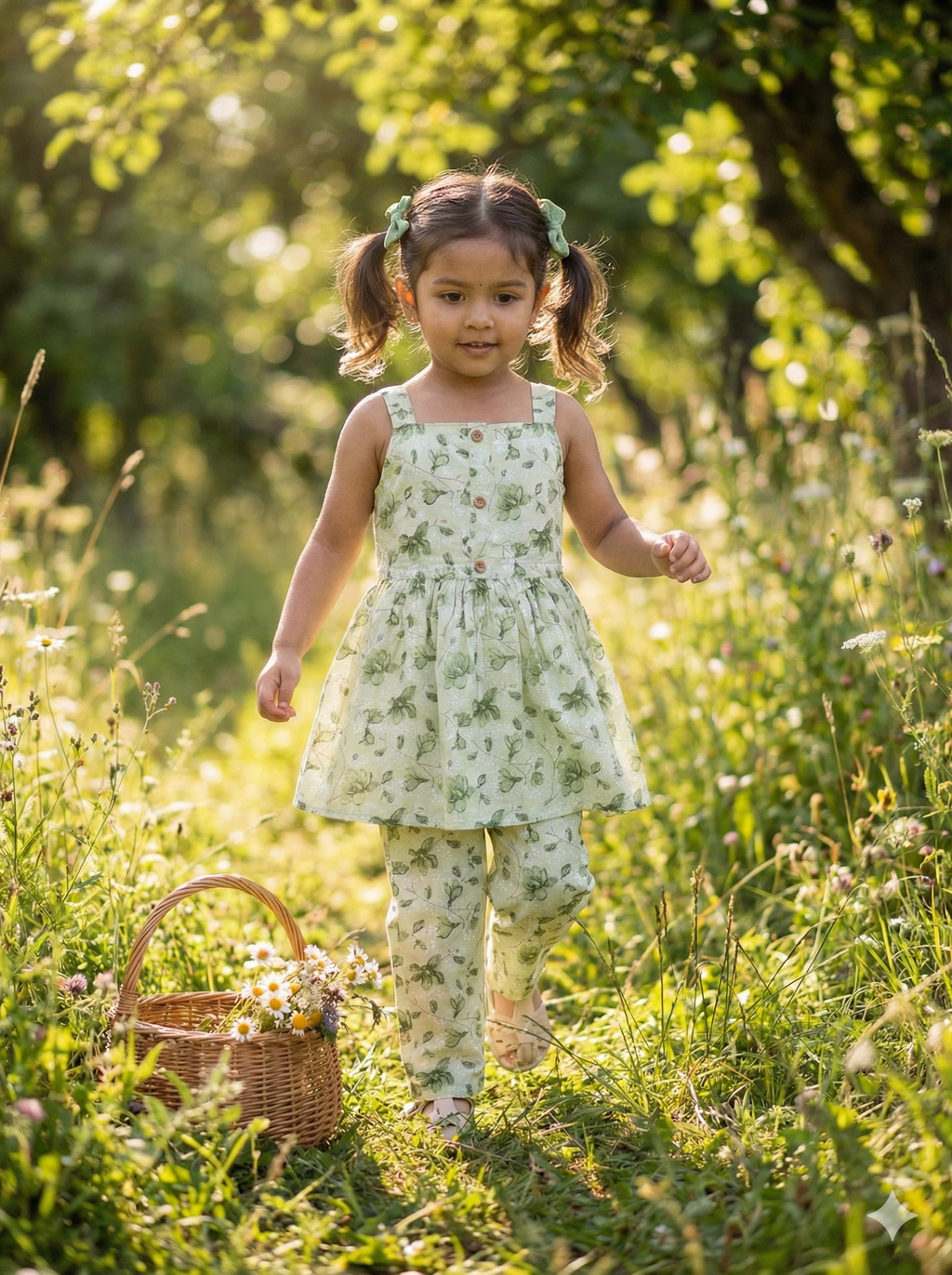 Girls Sage Leaf Top & Pant Set in Green - Cotton Co-ord Set - back view