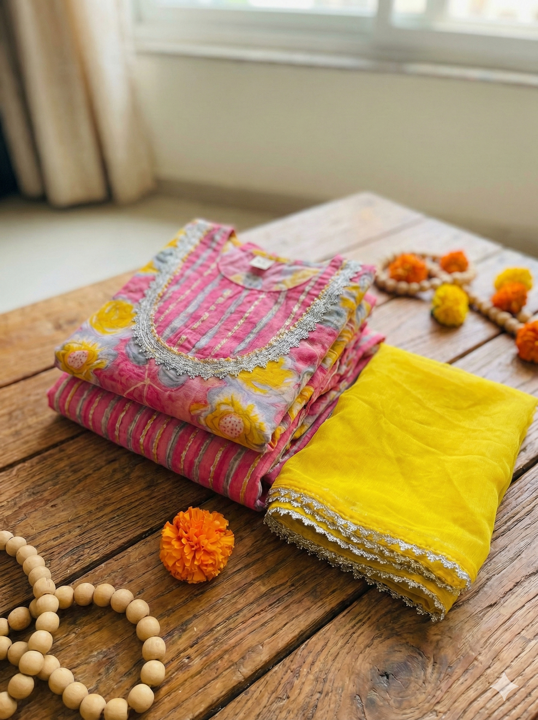 Girls Pink Floral Striped Kurti Sharara Set in Pink - close-up detail of floral stripe pattern