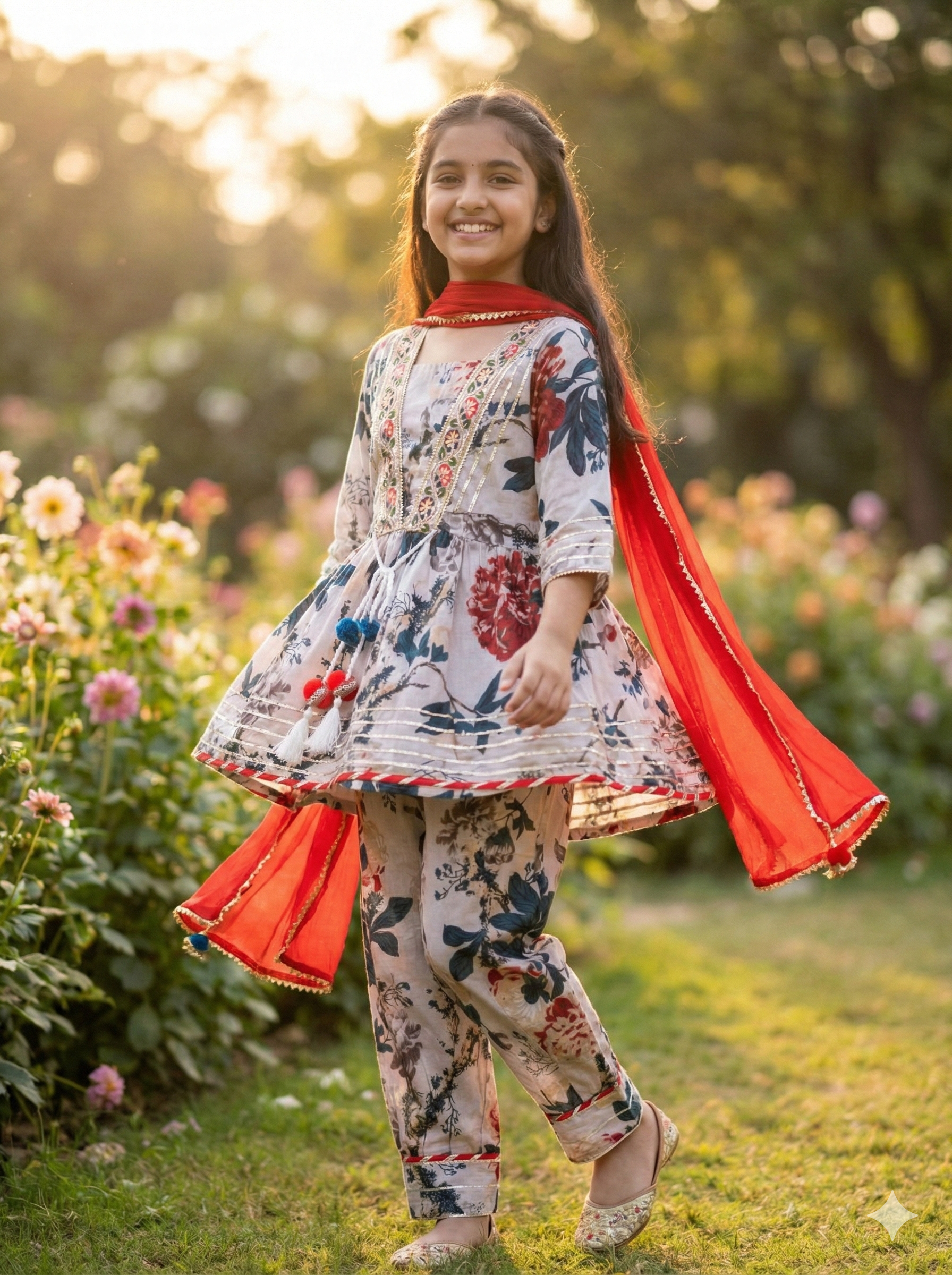 Girls Floral Tassel Kurti Afghani Set in Cream - Cotton Afghani Set for kids - front view