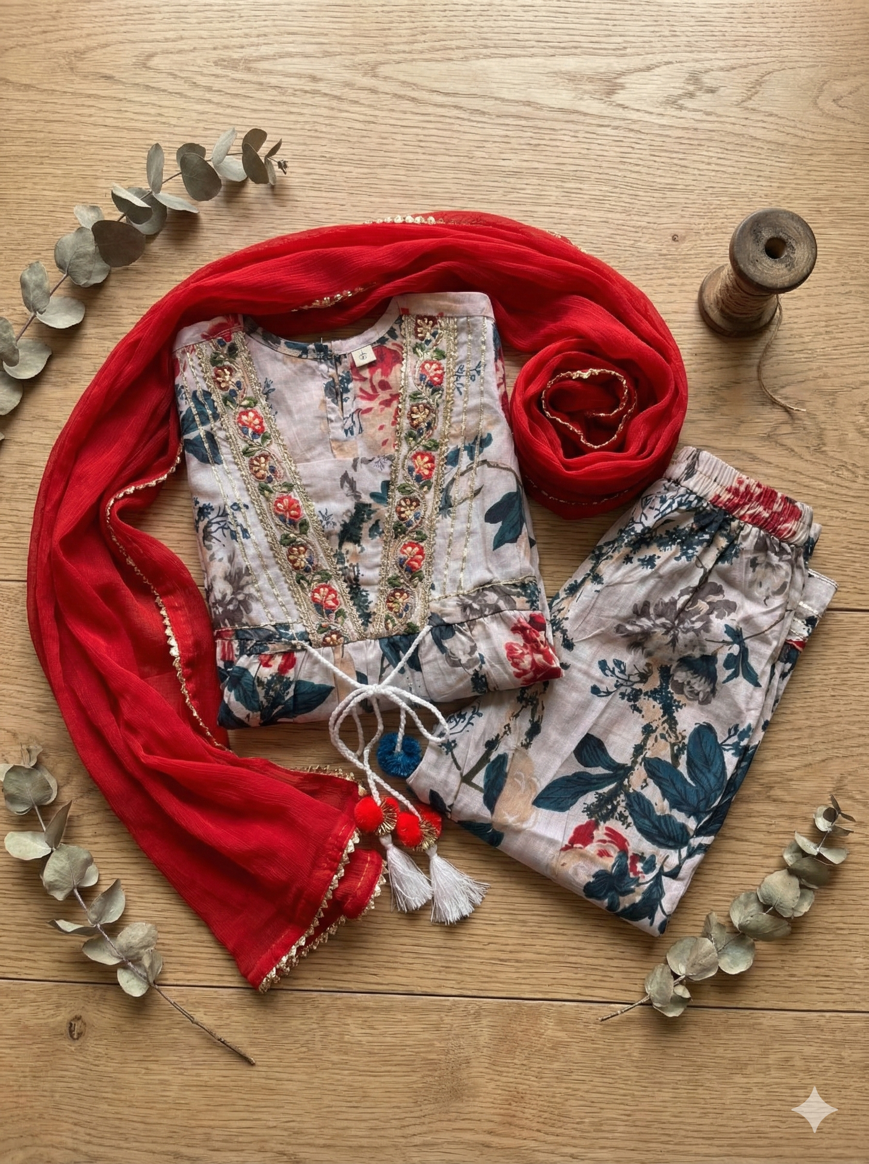 Girls Floral Tassel Kurti Afghani Set in Cream - styled look