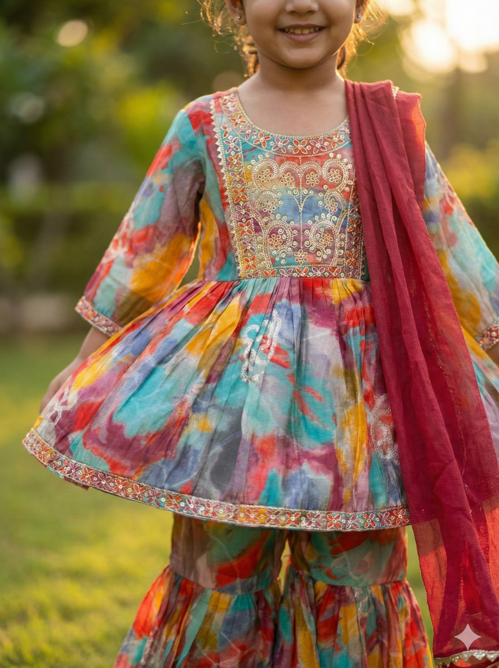 Girls Watercolor Embroidered Sharara Set in Multicolor - close-up detail of watercolor embroidery