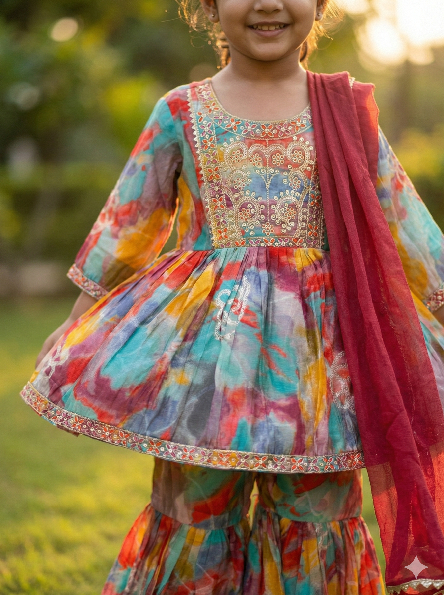 Girls Watercolor Embroidered Sharara Set in Multicolor - close-up detail of watercolor embroidery