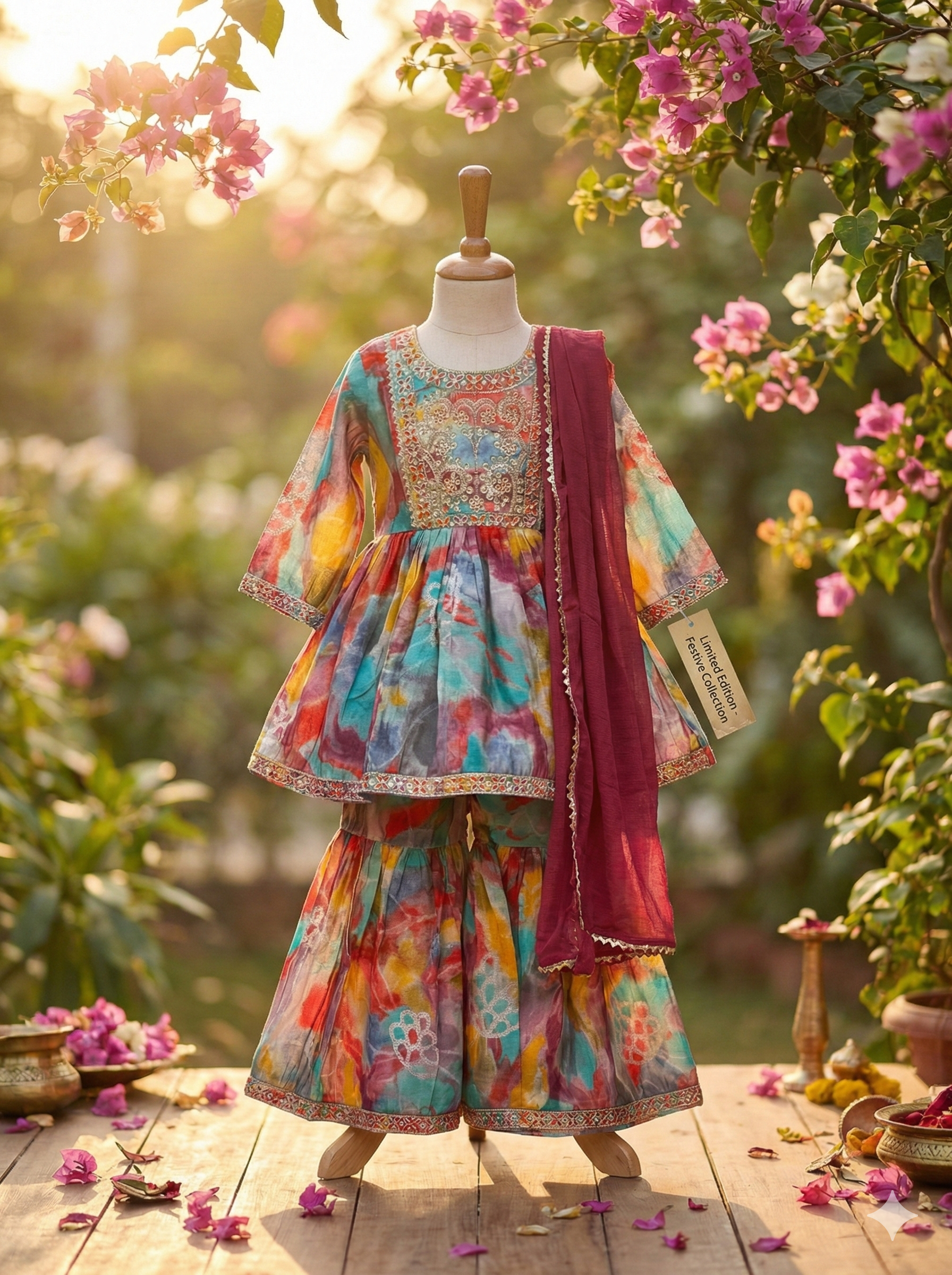 Girls Watercolor Embroidered Sharara Set in Multicolor - styled look