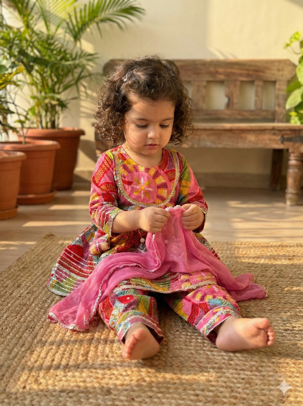 Girls Madhubani Art Kurti Afghani Set in Pink - Cotton Afghani Set - back view