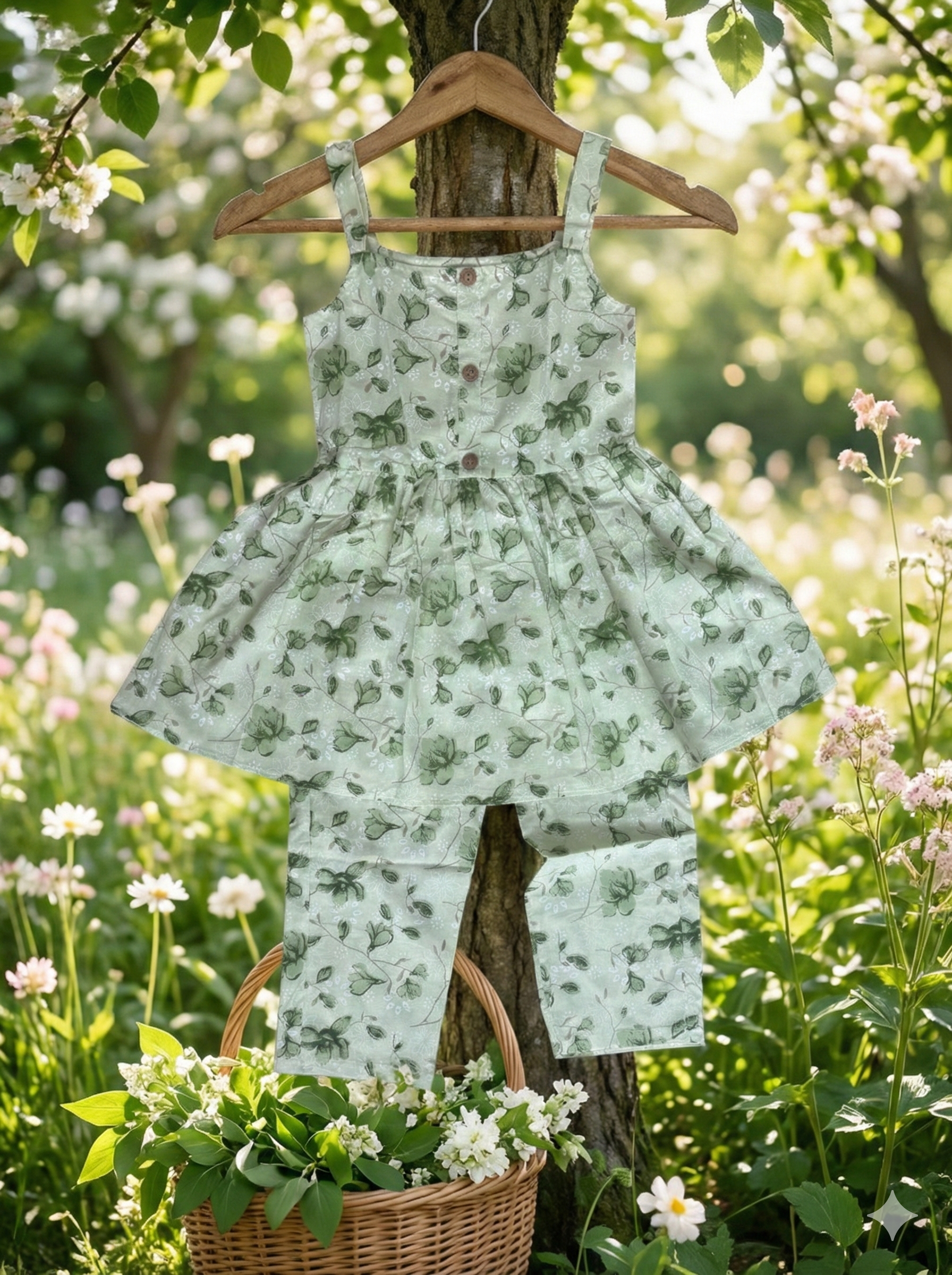Girls Sage Leaf Top & Pant Set in Green - Cotton Co-ord Set - side view