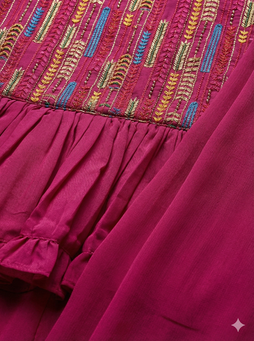 Girls Embroidered Peplum Palazzo Set in Magenta - Butter Crepe Peplum Palazzo - side view