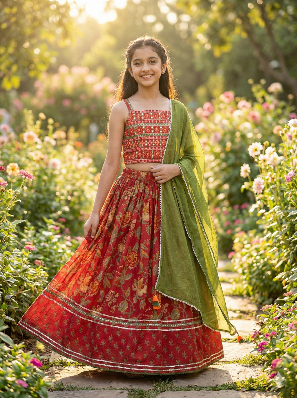 Girls Floral Mirror Work Lehenga Set in Red - styled look