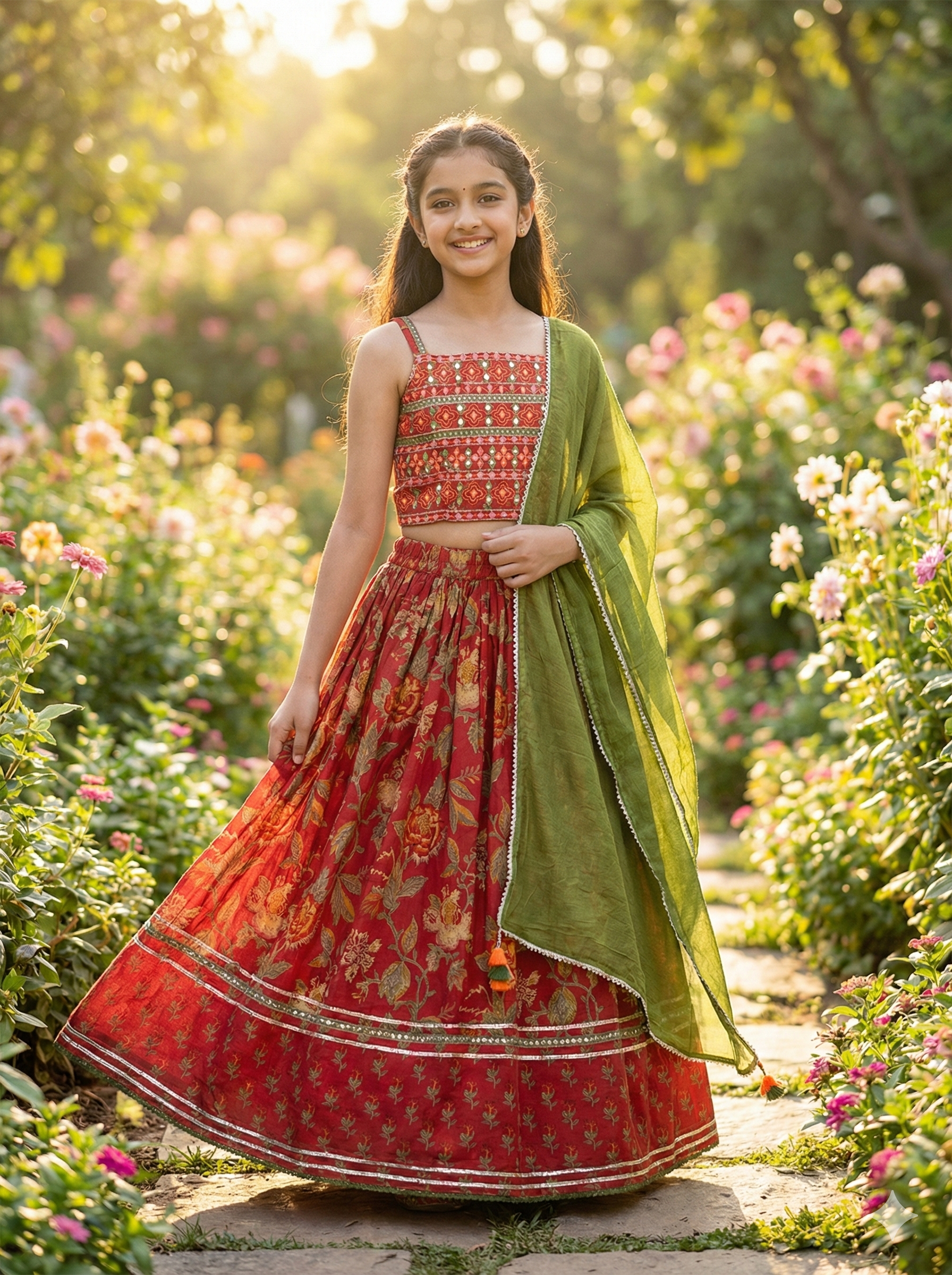 Girls Floral Mirror Work Lehenga Set in Red - styled look