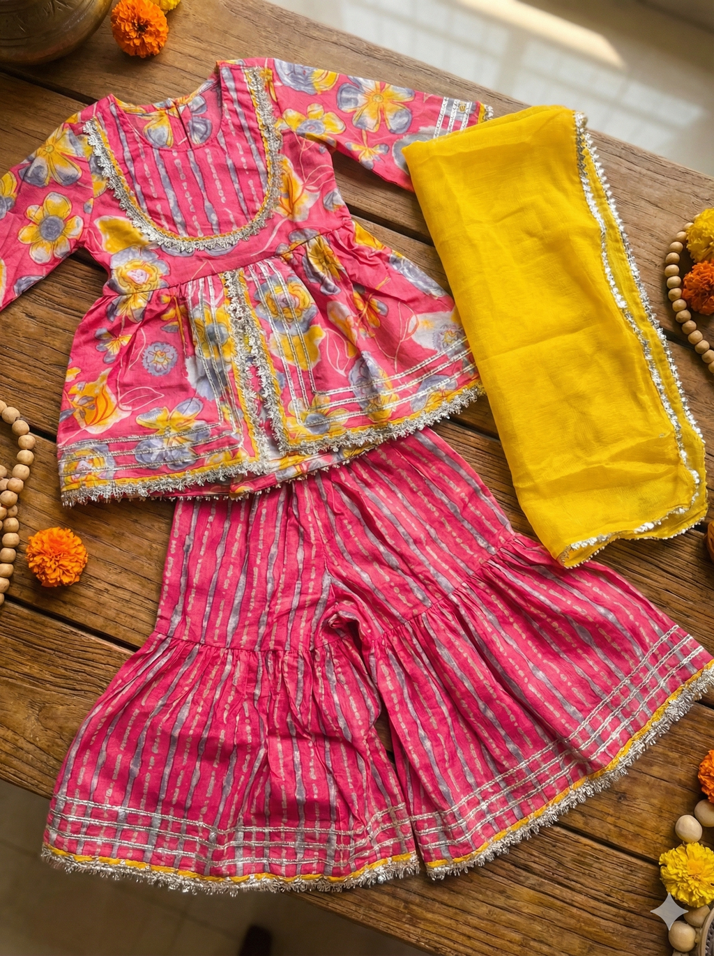 Girls Pink Floral Striped Kurti Sharara Set in Pink - styled look