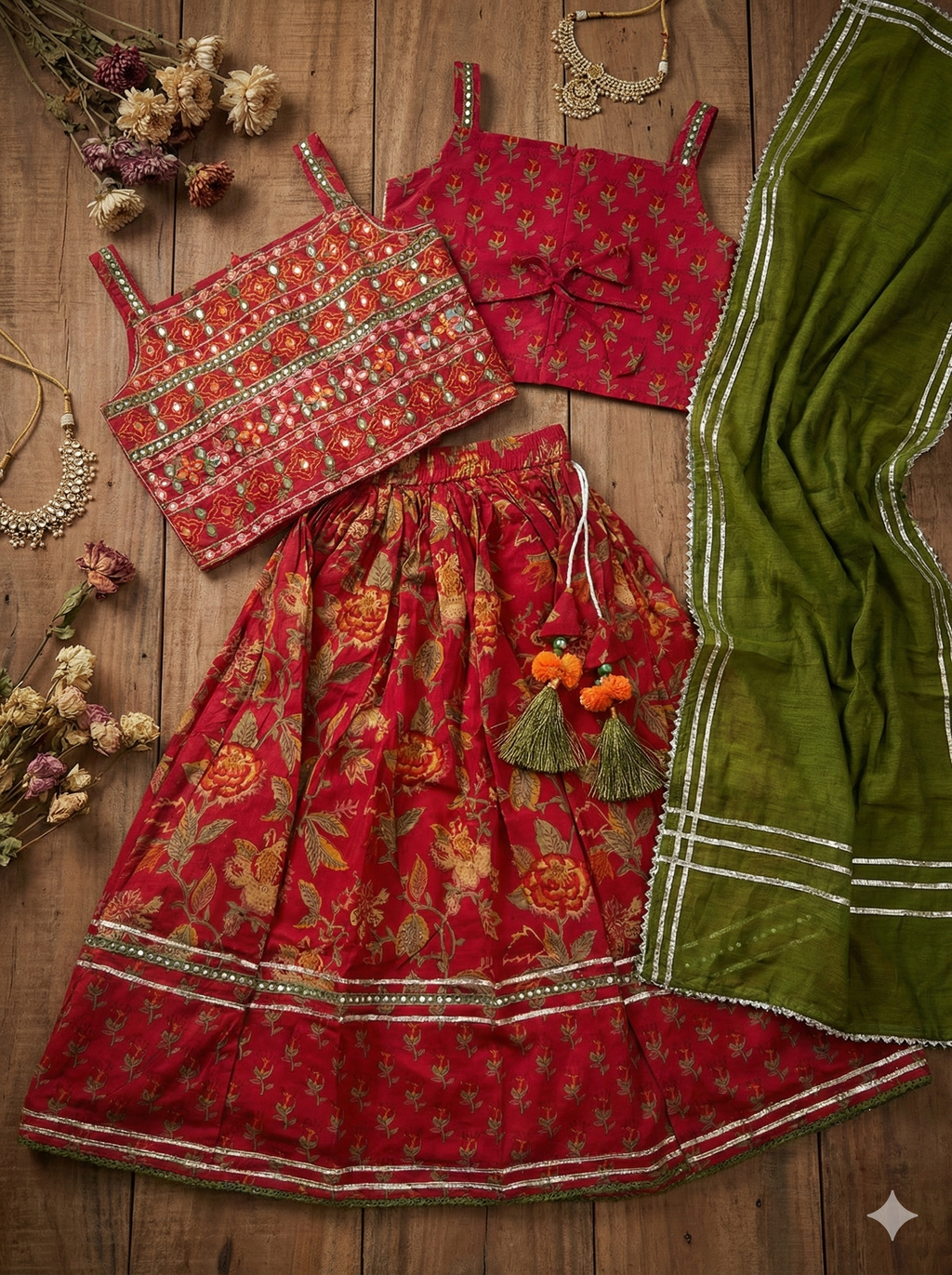 Girls Floral Mirror Work Lehenga Set in Red - additional view