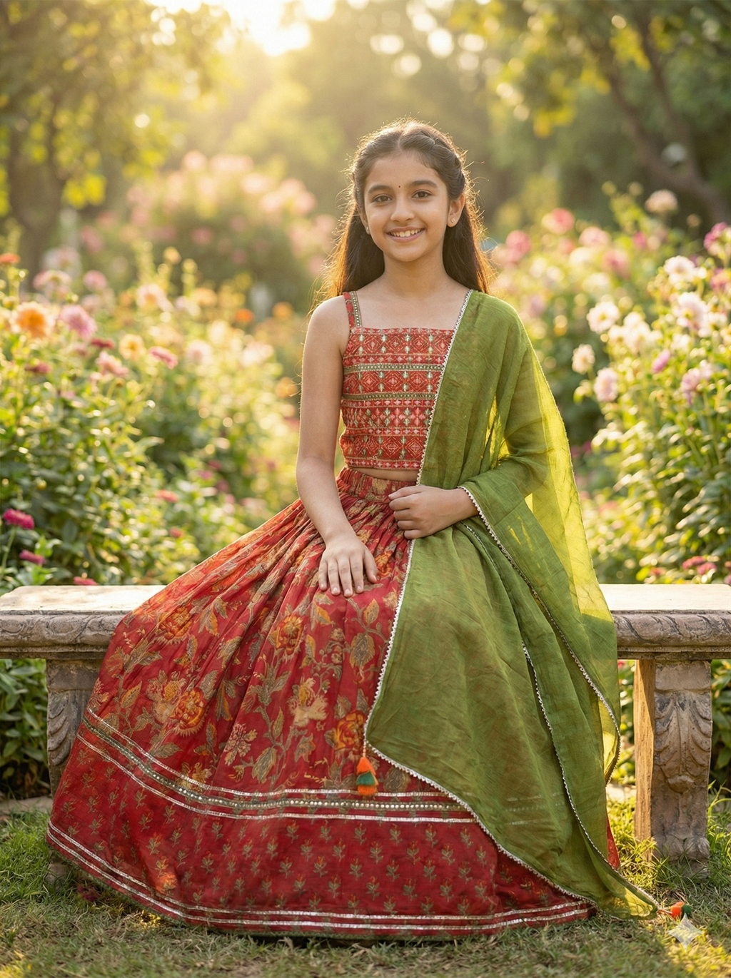 Girls Floral Mirror Work Lehenga Set in Red - additional view