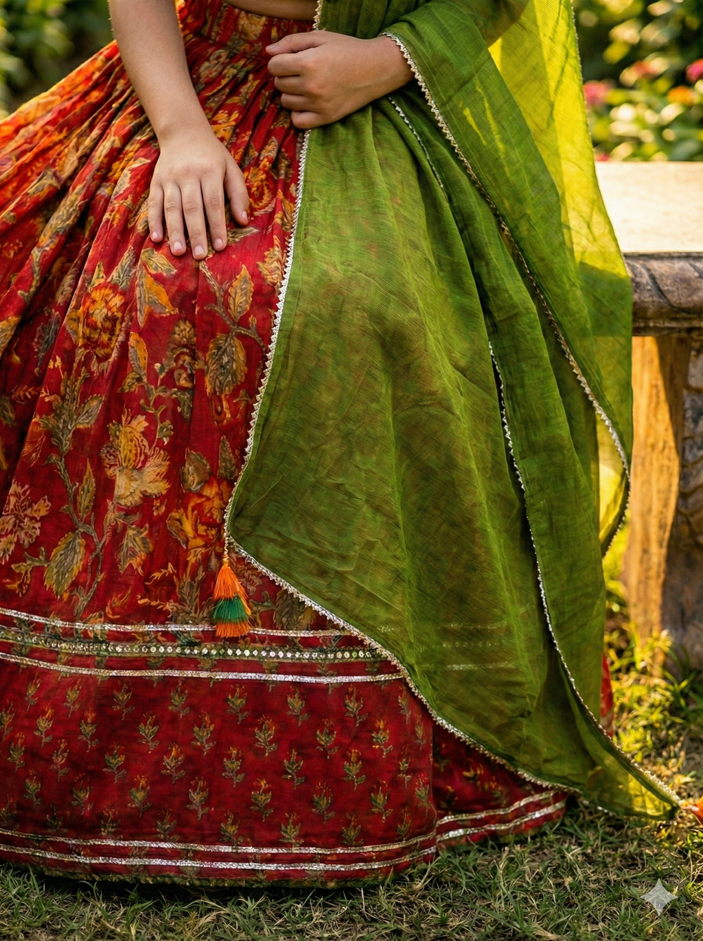 Girls Floral Mirror Work Lehenga Set in Red - close-up detail of mirror work embellishment