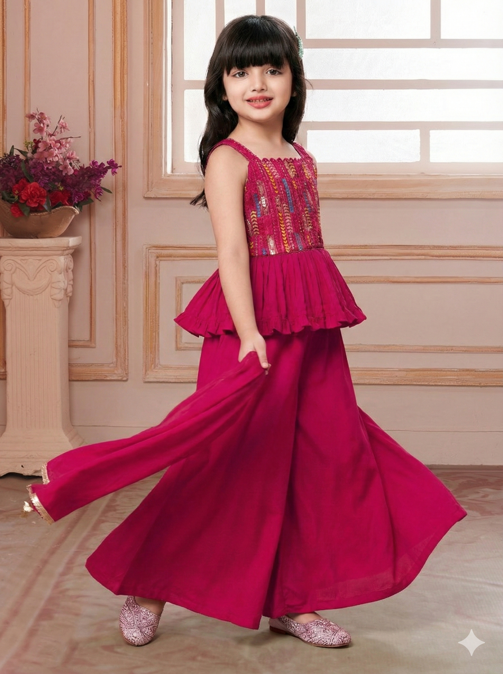 Girls Embroidered Peplum Palazzo Set in Magenta - styled look