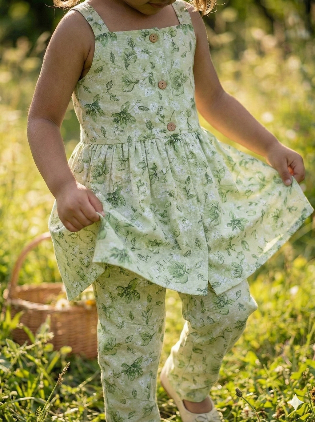 Girls Sage Leaf Top & Pant Set in Green - close-up detail of leaf print detail