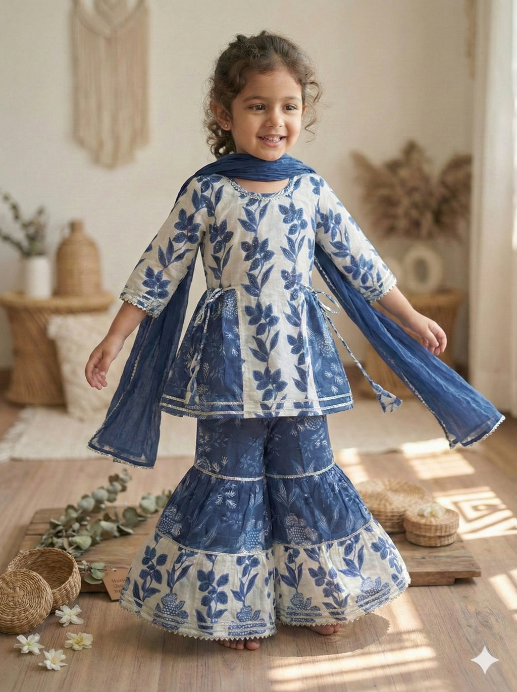 Girls Indigo Floral Sharara Set in Blue - Cotton Sharara Set - side view
