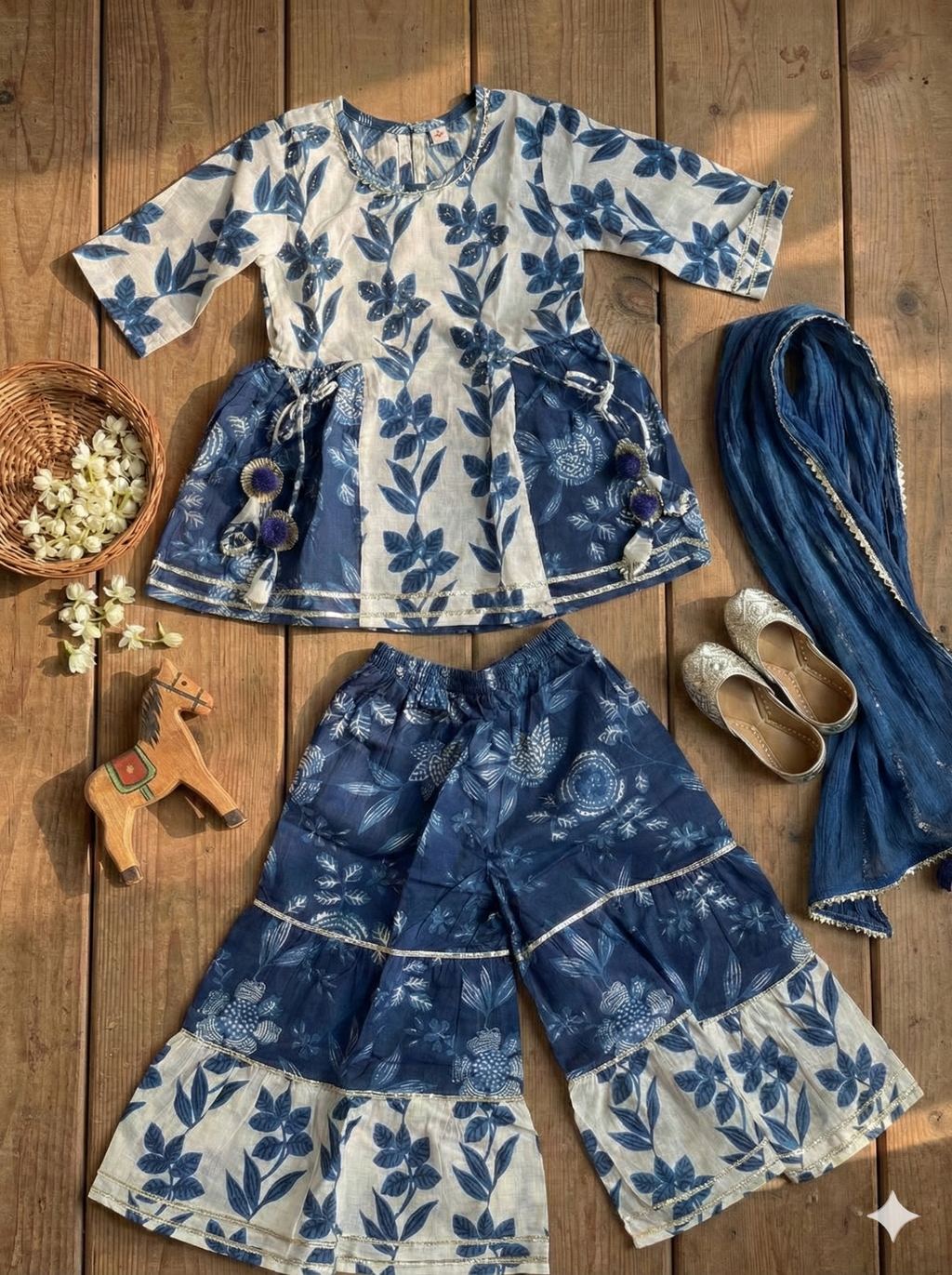 Girls Indigo Floral Sharara Set in Blue - Cotton Sharara Set - back view