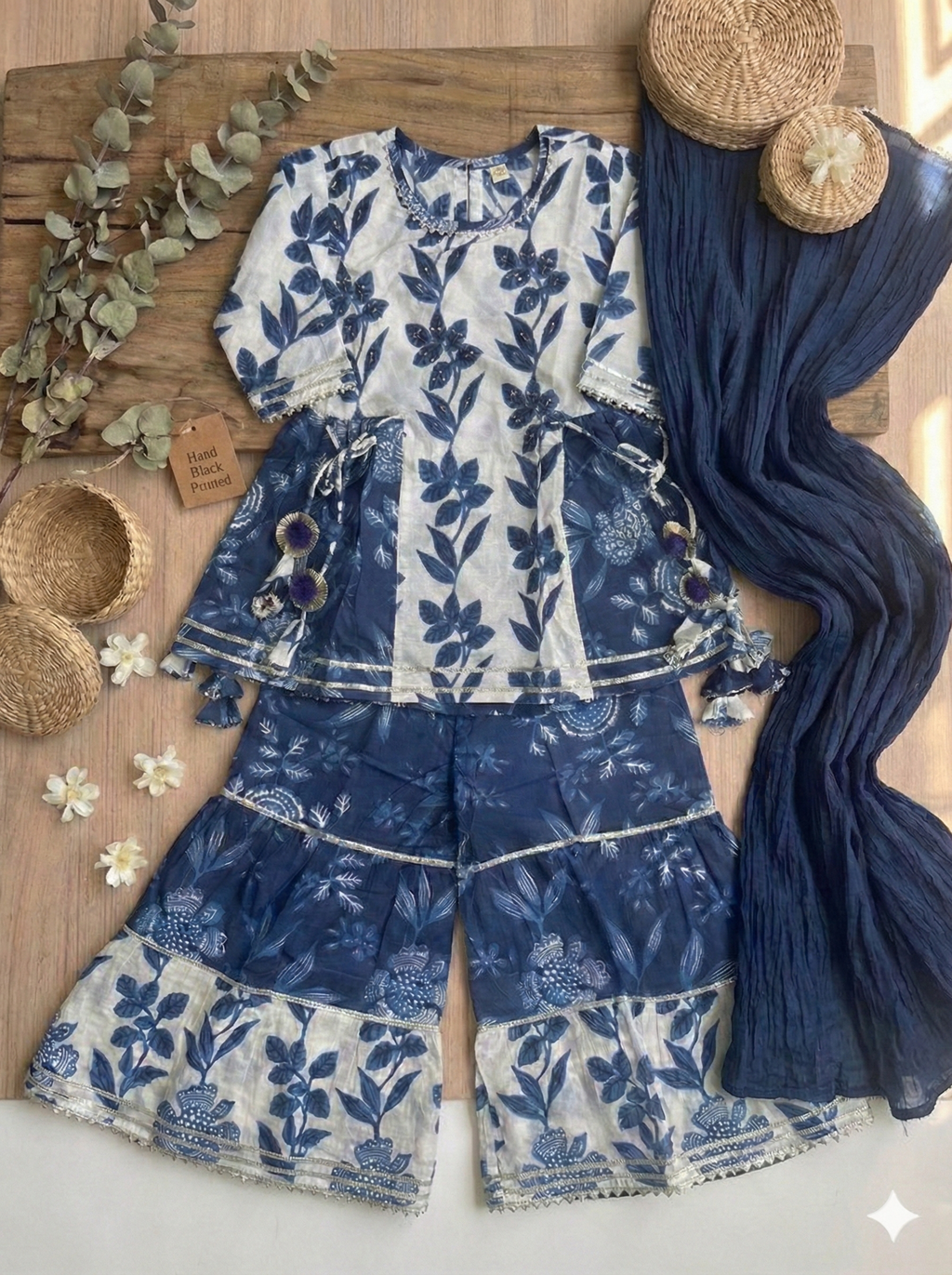 Girls Indigo Floral Sharara Set in Blue - close-up detail of indigo floral print