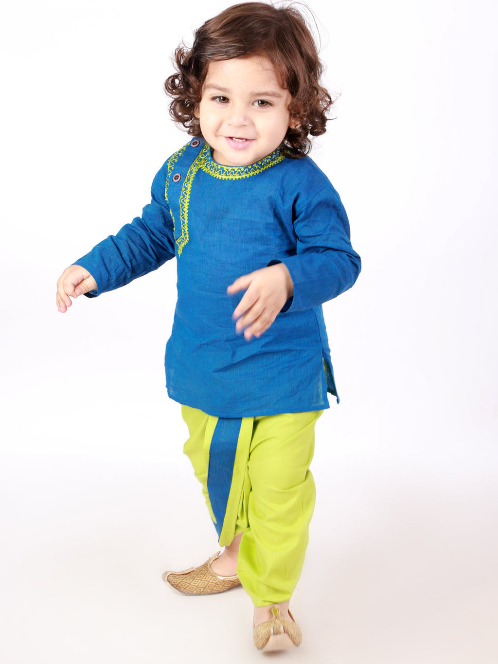 Boys Embroidered Round Neck Kurta Dhoti in Blue - Cotton Kurta Dhoti for kids - front view