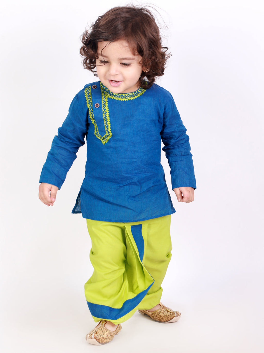 Boys Embroidered Round Neck Kurta Dhoti in Blue - Cotton Kurta Dhoti - back view
