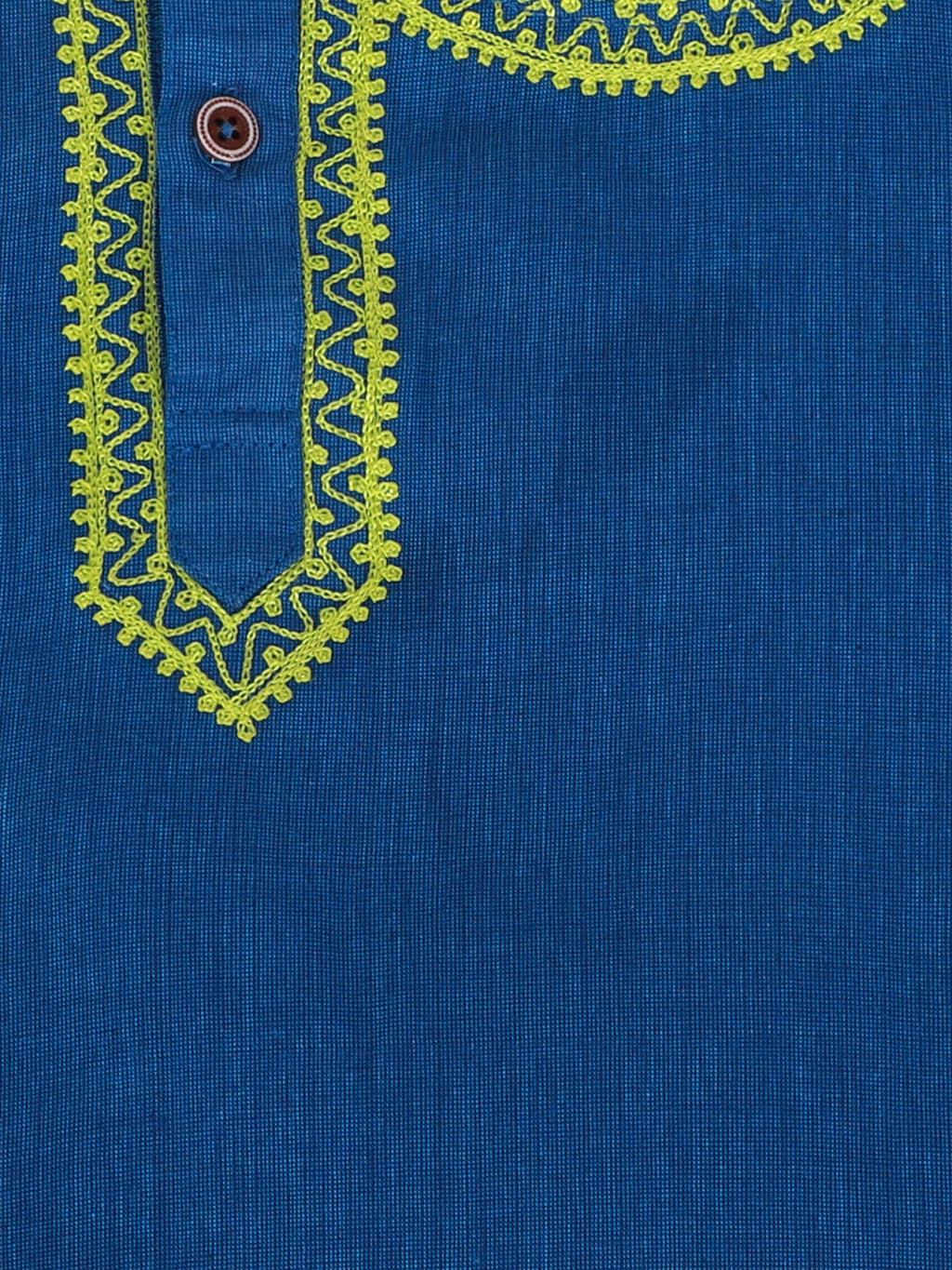 Boys Embroidered Round Neck Kurta Dhoti in Blue - close-up detail of embroidery neckline