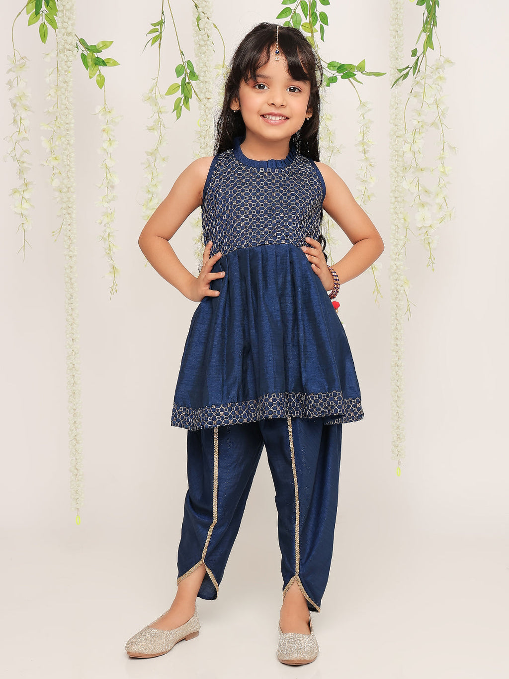 Girls Anmol Nytara Peplum Dhoti Set in Navy Blue - Silk Blend Peplum Dhoti for kids - front view