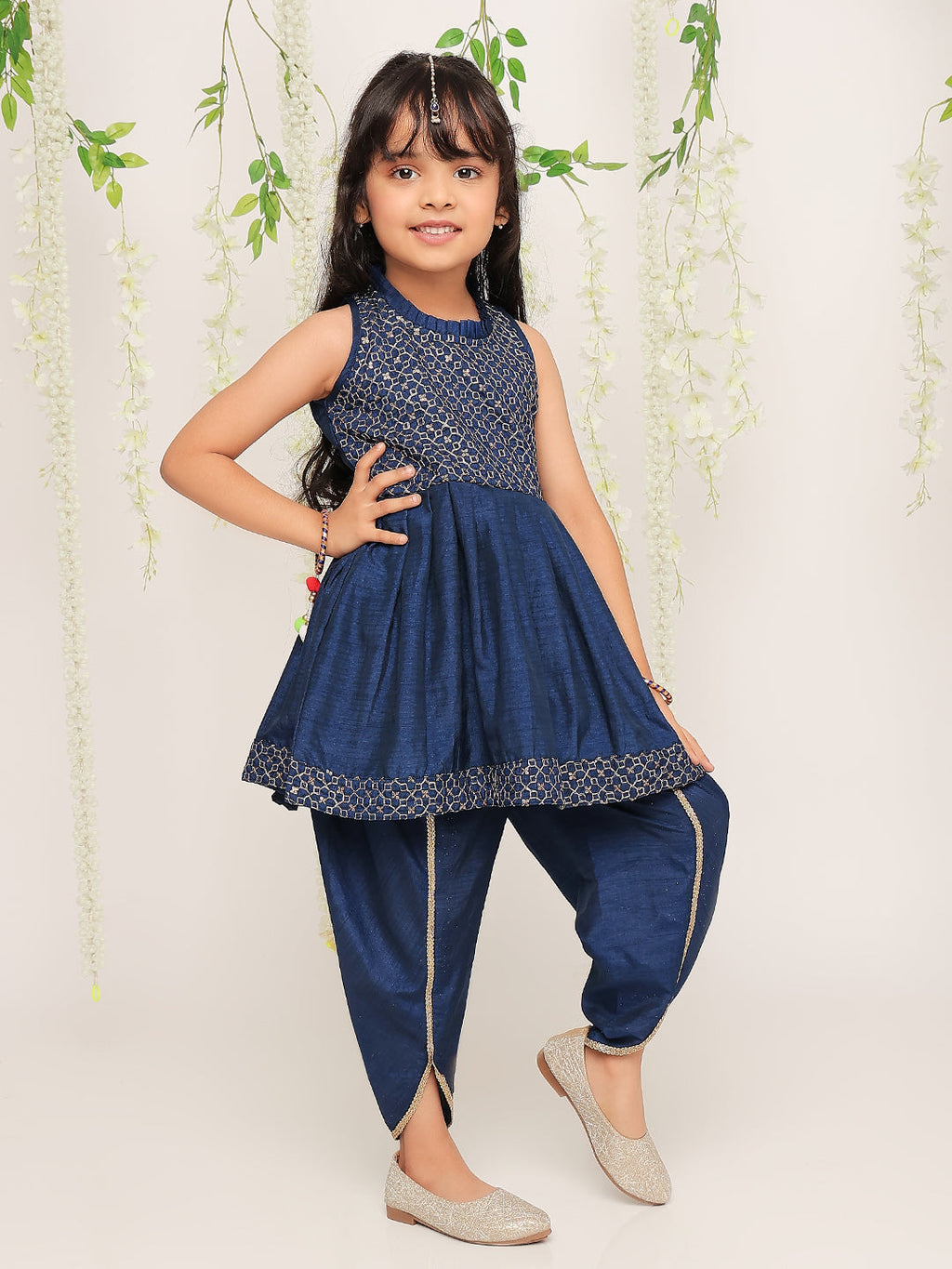 Girls Anmol Nytara Peplum Dhoti Set in Navy Blue - Silk Blend Peplum Dhoti - back view