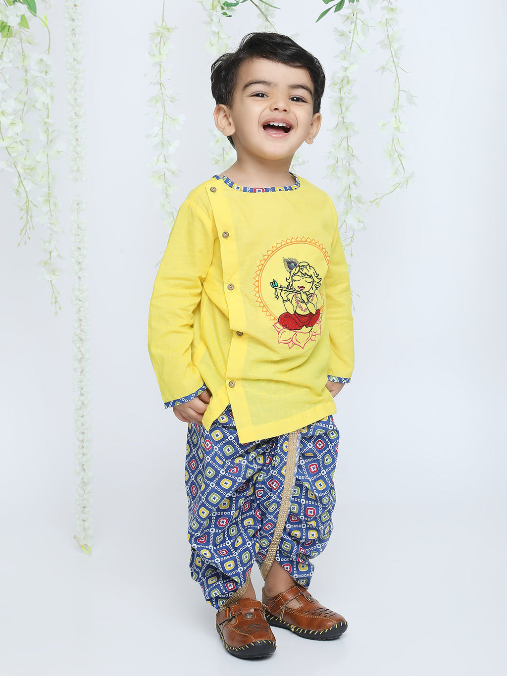 Boys Ethnic Krishna Dress in Yellow & Blue - Cotton Kurta Dhoti for kids - front view