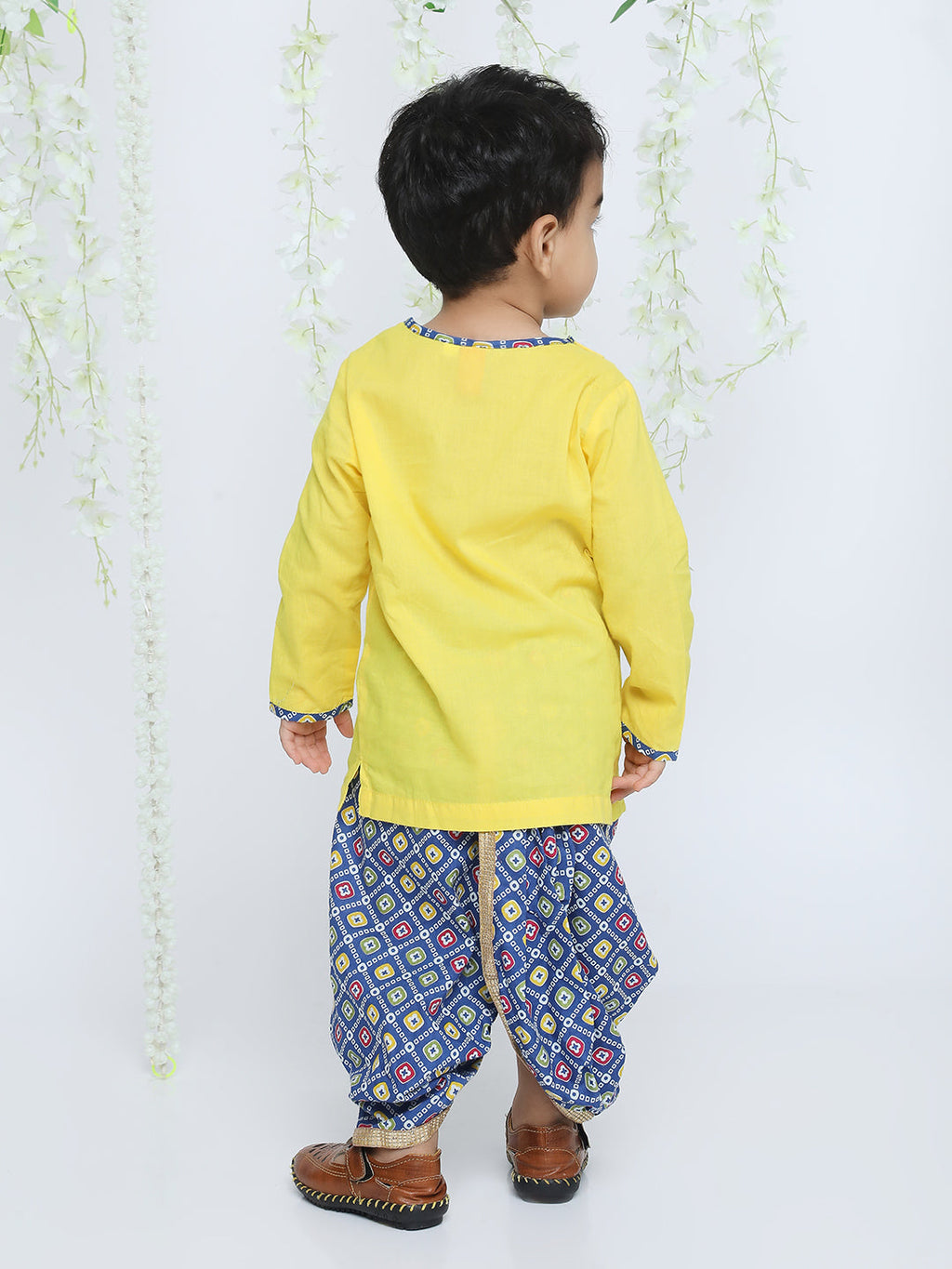 Boys Ethnic Krishna Dress in Yellow & Blue - Cotton Kurta Dhoti - side view