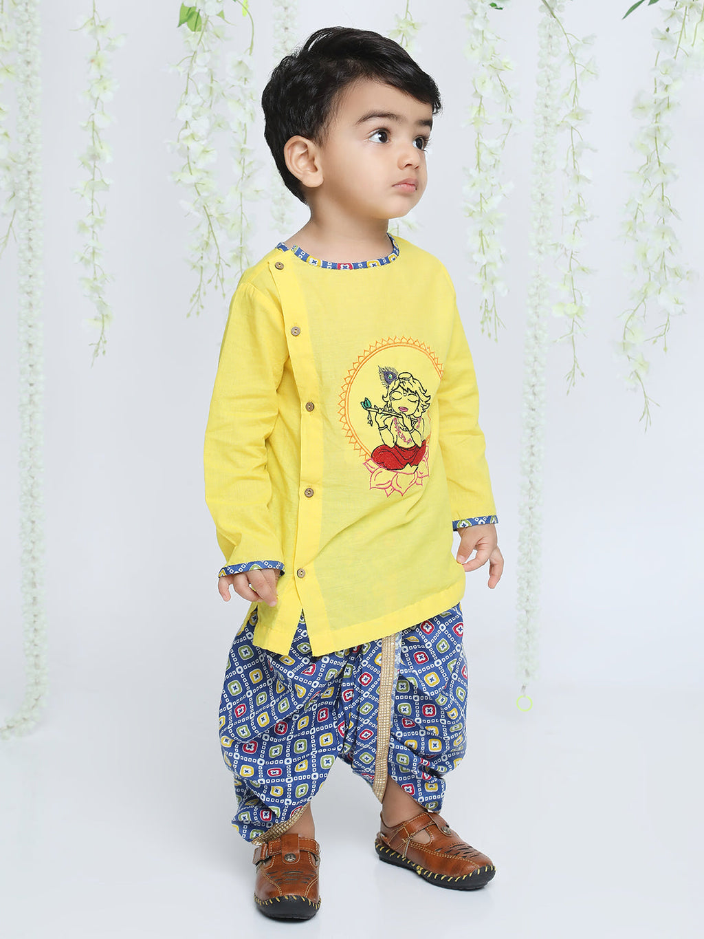 Boys Ethnic Krishna Dress in Yellow & Blue - Cotton Kurta Dhoti - back view
