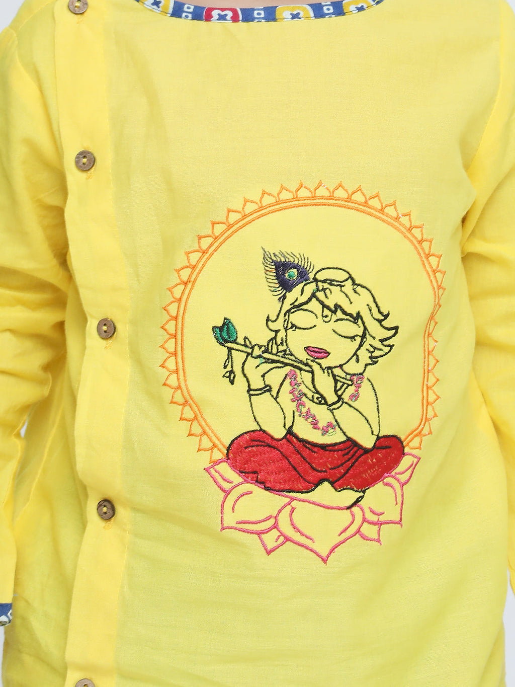 Boys Ethnic Krishna Dress in Yellow & Blue - close-up detail of Krishna theme detailing